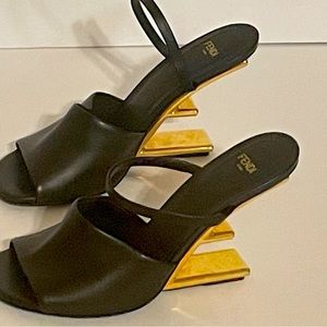 Fendi First 95mm Leather Metallic-Heel slide sandals